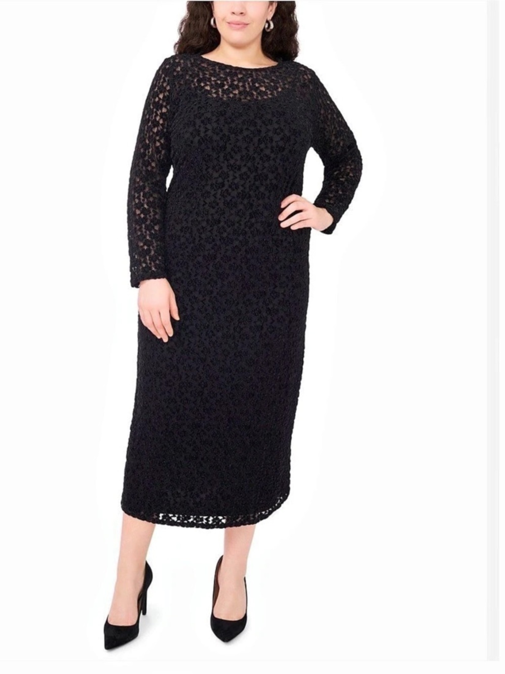Vince Camuto Plus Size Lace Long-Sleeve Mesh Midi Dress Lace Long-Sleeve Midi